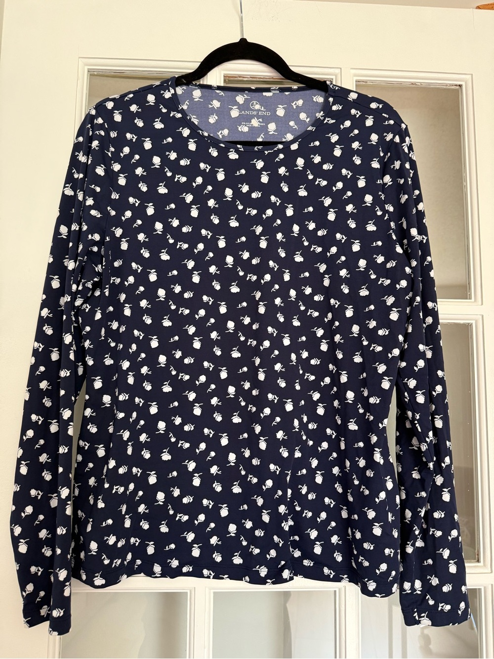Lands’ End Navy Blue and White Floral Swim Shirt Rash Guard size Large